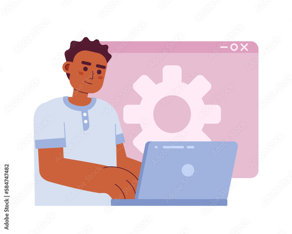 Poster web developer job flat concept vector spot illustration. editable 2d cartoon character on white for 