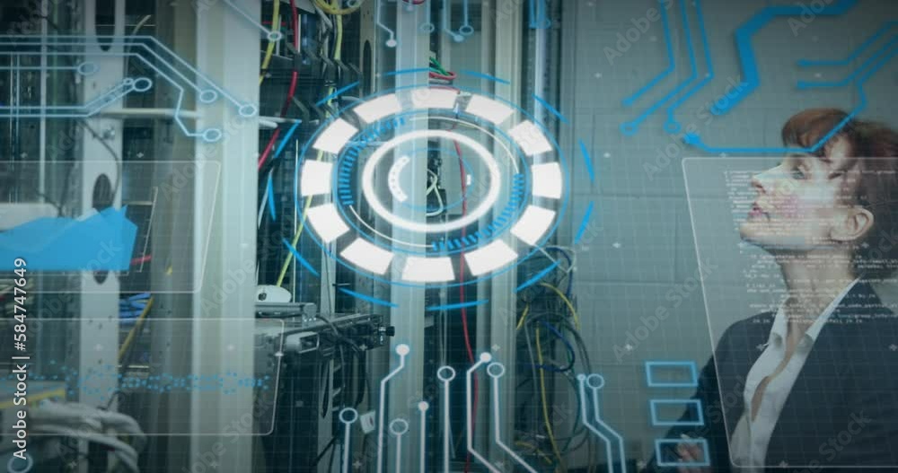 Poster animation of processing circle and data over caucasian woman checking servers