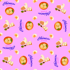 Chinese food seamless pattern. Hand drawn different types of asian food in wooden steamers repeating background. Tasty chinese food, delicious har gao, sticky rice, rolls.