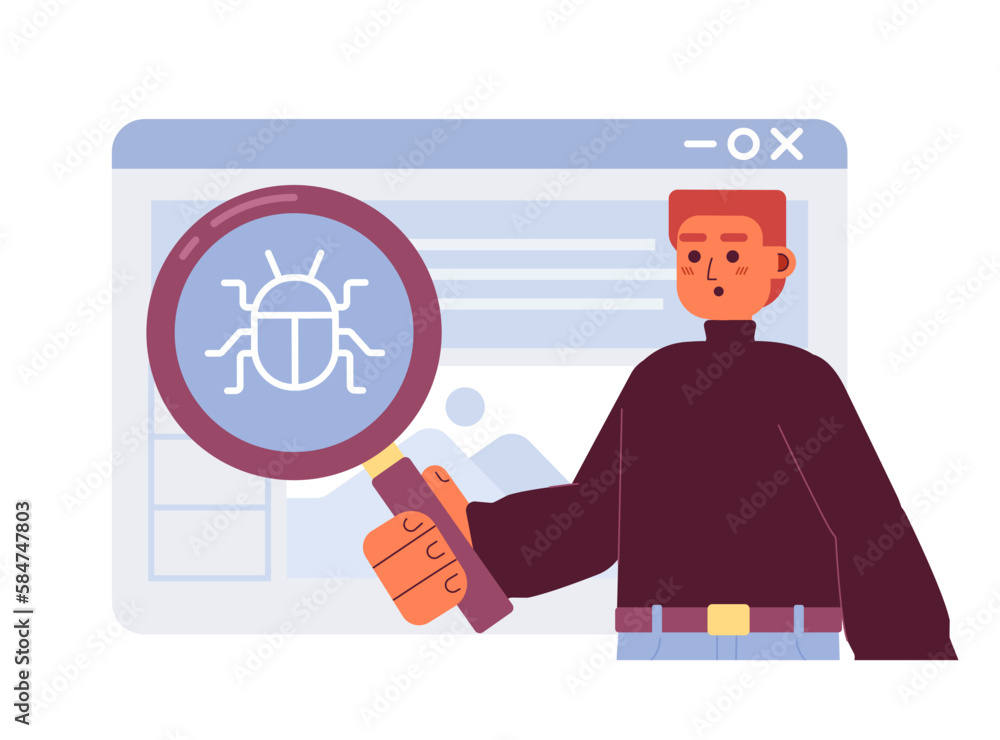 Poster debugging web application flat concept vector spot illustration. editable 2d cartoon character on wh