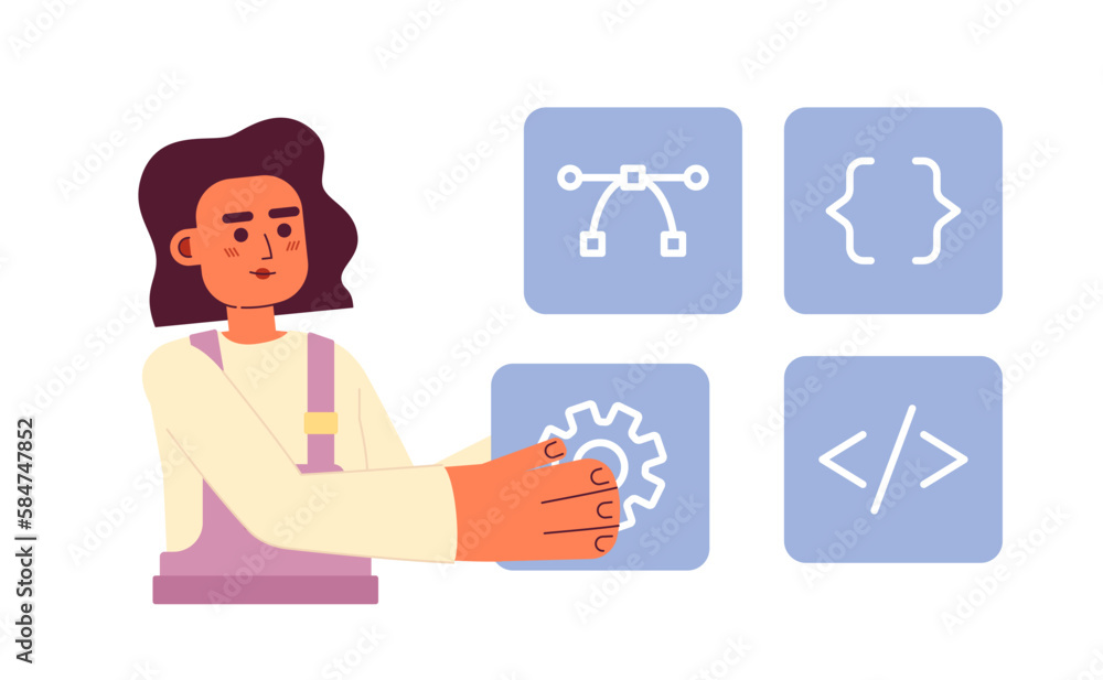 Poster website builder flat concept vector spot illustration. editable 2d cartoon character on white for we