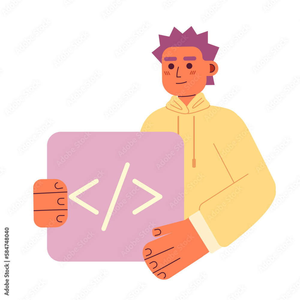 Aufkleber computer coder job flat concept vector spot illustration. editable 2d cartoon character on white for