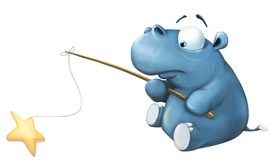 Fotobehang Cute Cartoon Character Hippo Fisherman for you Design and Computer Game. Book Illustration  © liusa