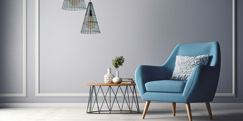 modern living room interior with comfortable furnitures,  empty wall, generative ai
