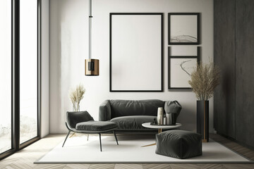 modern living room interior with comfortable furnitures,  contemporary design, empty frames on the wall, generative ai