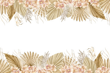 Floral Frame with dried Palm Leaves and orchid Flowers in Boho style. Hand drawn watercolor template for greeting cards or wedding invitations. Seamless Pattern in pastel colors on isolated background