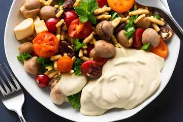 Healthy dish. with mushrooms, vegetables, salad and sour cream