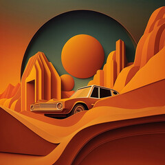 3d 1970s scene with an old car and mountains