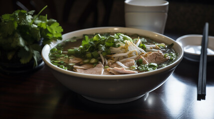 Pho Bo - Vietnamese fresh rice noodle soup with beef, herbs and chili.