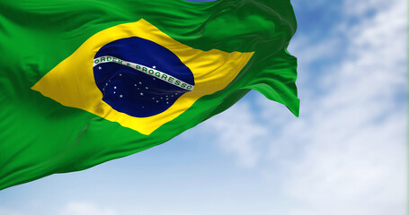The Brazilian national flag waving on a clear day.