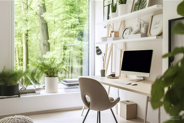 Modern home office interior, contemporary design, view to the forest outside, bright and airy, generative ai