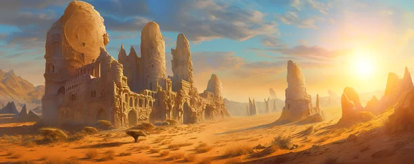 Wall murals orange glow Desert landscape with old ancient ruin generative AI 
