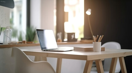 modern office interior, notebook on the empty wooden table, blurred background, morning lights, generative ai