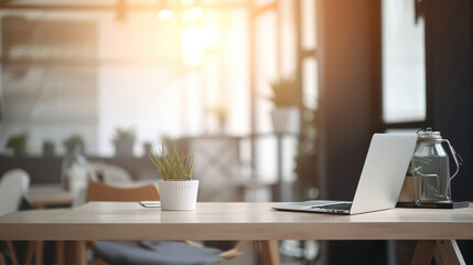 modern office interior, notebook on the empty wooden table, blurred background, morning lights, generative ai