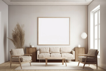 modern living room with bright beige sofa, dried indoor plant, big empty frame on the wall, contemporary design, generative ai