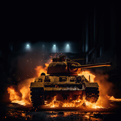 Straight front view of a tank hit by missile and burning in flames during dark night of war with copy space, generative ai