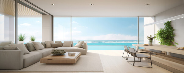 modern living room interior with comfortable furnitures, contemporary beach house, view to the ocean, light and airy design, generative ai