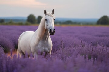 Naklejka premium white horse in lavender 