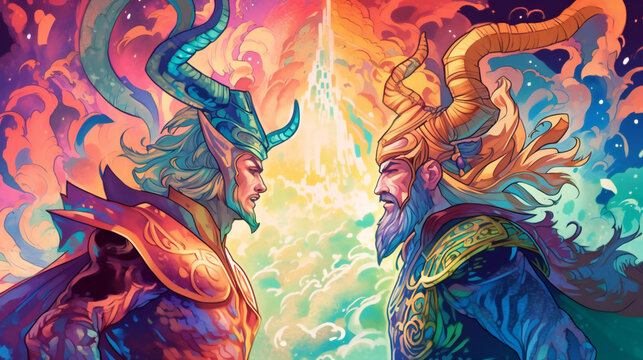 Battle of the gods: Thor versus Loki, epic showdown, Norse mythology inspired, generative AI