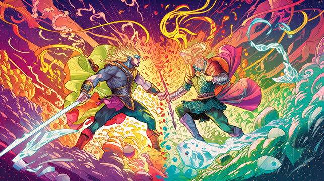 Epic battle between Thor and Loki, god of thunder versus god of mischief, Nordic mythology inspired, generative AI