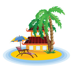 Summer illustration with beach house, palm trees and the sea. Summer time for a seaside holiday. Vector illustration for use in prints, posters, flyers and invitations