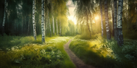 sun rays through the healthy morning birch forest, green environment protection concept, generative ai