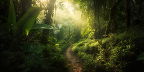 sun rays through the healthy morning tropical jungle forest, green environment protection concept, generative ai