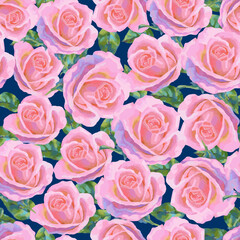 Floral pattern with pink roses. Vector seamless pattern with oil or acrylic painting roses
