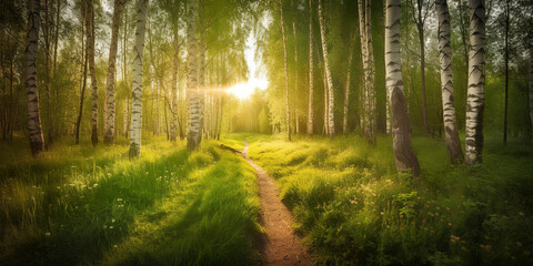 sun rays through the healthy morning birch forest, green environment protection concept, generative ai