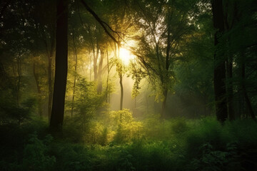 sun rays through the healthy morning forest, green environment protection concept, generative ai
