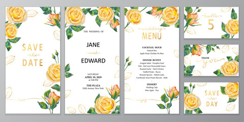 Vintage vector cards or wedding invitation with acrylic or oil yellow and golden elements on white background.
