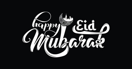 Happy eid mubarak. Handwritten in white color on the black background design. Suitable for cards, banners, celebrations, wishes, and greetings 