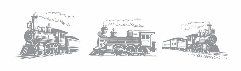 vector set Old Steam Train. Hand Drawn Illustration  © Steven Mink