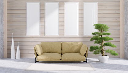 minimal room with picture frame mock up design, 3d illustration rendering