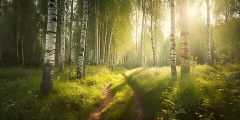 Obraz premium sun rays through the healthy morning birch forest, green environment protection concept, generative ai