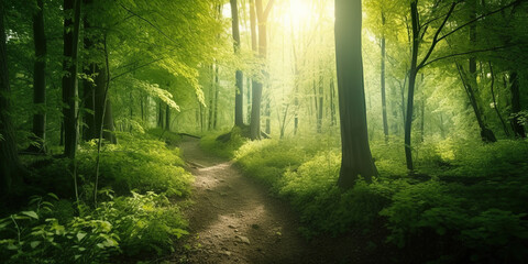 sun rays through the healthy morning forest, green environment protection concept, generative ai