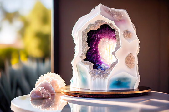 Whimsical Geode Wedding Cake with Pastel Accents and Edible Gold Leaf - ai generated