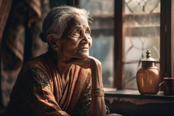Old hindu woman sits near the window