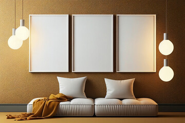 Modern beige room in apartment with three empty big poster in white frame. Contemporary sandy frontal 3d interior with furniture: pouf, pillows, lamps. Generative AI