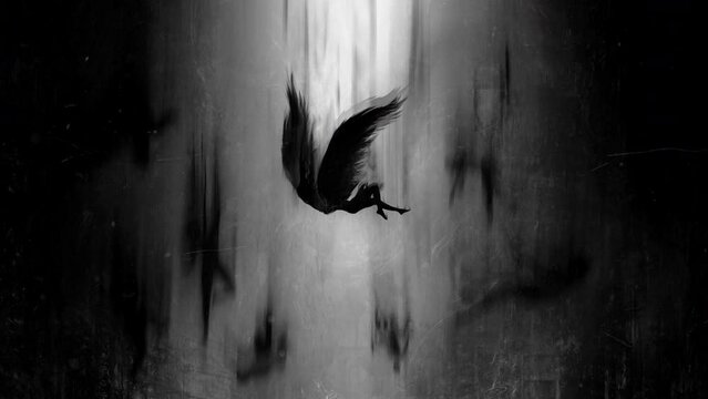 The angel Lucifer, exiled from paradise, falls from heaven, unable to fly on his broken black wings anymore, black silhouettes of people fall with him into the black abyss. clean looped 2d animation