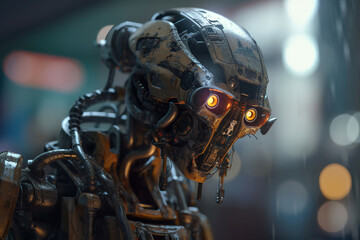 Obraz na płótnie Canvas futuristic artificial intelligence robot soldier warrior with glowing eyes, generative ai