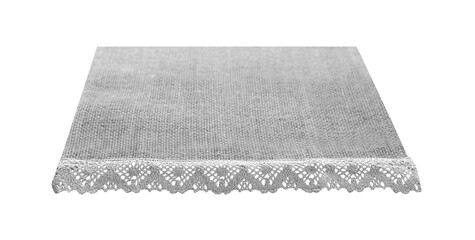 Canvas napkin with lace, natural burlap runner perspective isolated on white. Can used for display or montage product. Black and white selective fokus