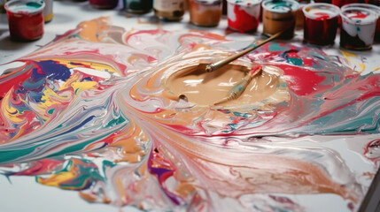 Fototapeta na wymiar brushes and paint palette, acrylic paints mixing on surface, painter workshop, bright vivid colors, generative ai