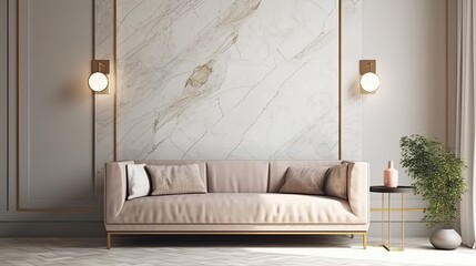 Stunning tranquil geometric marble wall and sofa with an empty mock - up wall. Room for copy with empty space. Generative ai.
