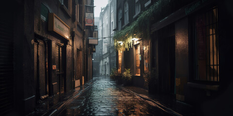 Fototapeta na wymiar moody street in the old england town, lanterns, narrow street, generative ai