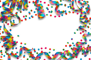 frame from colorful party streamer and confetti isolated on transparent background, party decoration from above, flat lay and overlay top view with copy space in the middle