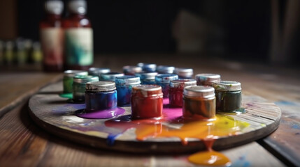 brushes and paint palette, oil paints mixing on surface, painter workshop, generative ai