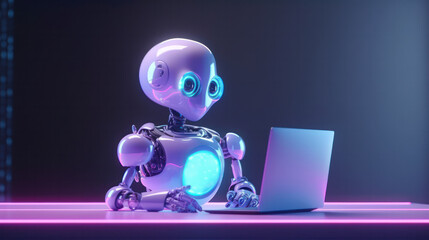 Artificial intelligence robot android working in front of a computer. AI job replacement. Generative AI