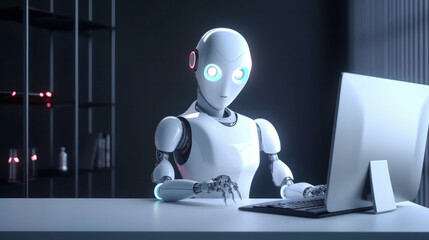 Artificial intelligence robot android working in front of a computer. AI job replacement. Generative AI