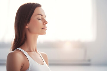 beautiful young woman doing meditating relaxing yoga  in white dress in a bright white environment, generative ai